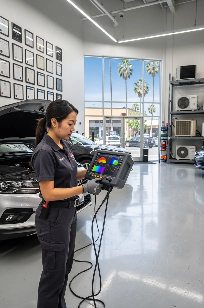 Professional service advisor explaining air conditioning repair options to customer.